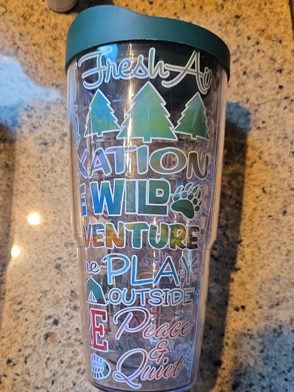 Travel Tumbler with Green Lid - Outdoor Adventure Design